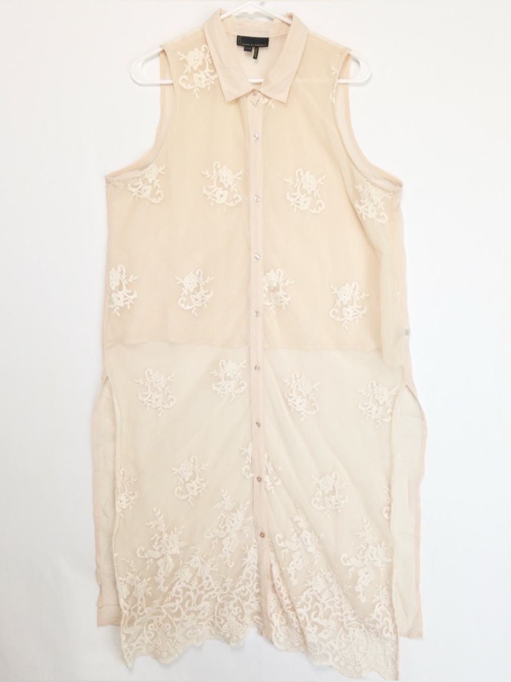 I jeans By buffalo Embroidered Sheer Mesh Lace Beige Long Duster Button Up XL